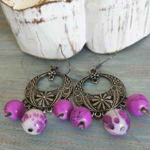 Hand Crafted purple and white ceramic bead earrings 💜